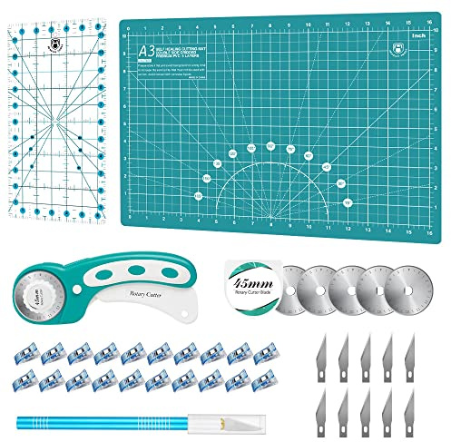 Headley Tools Juego de cortadores giratorios: cortador de tela de 45 mm, 5 cuchillas giratorias adicionales, alfombrilla de corte A3, regla de acolchado y clips de costura, juego de cuchillos para