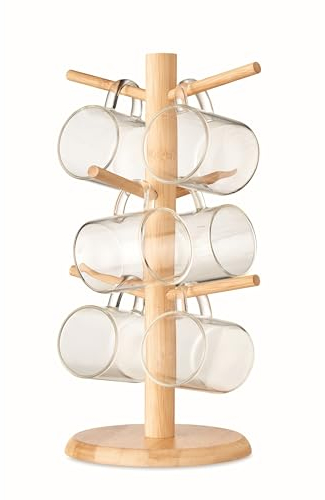 noTrash2003 Árbol de tazas de madera con 6 tazas de té, vasos con asa de vidrio de borosilicato con soporte de cristal de 200 ml, soporte para tazas de té, café, vino caliente, chocolate caliente