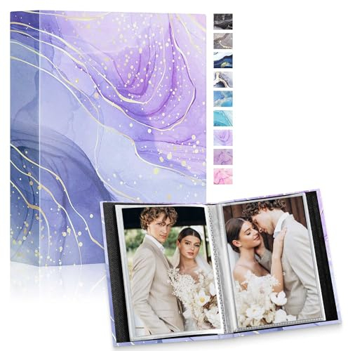 Lanpn Small Photo Albums 6x4 50 Pictures 2 Packs, Mini Capacity Leather Photo Book Pockets Set, Each Pack holds 50 Top Loader Vertical Pictures for Family Baby Kids Boy Girl Violet Gold
