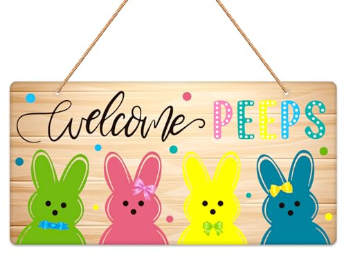JUESMOS Easter Door Decorations Welcome Peeps Door Signs Bunny Decor Signs Spring Easter Door Hanger Sign Plaque for Wall Home Window Farmhouse Indoor Outdoor Spring Decorations