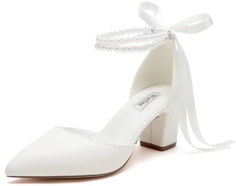Winflag Pearl Wedding Shoes for Bride Block Heel Bridal Shoes Pointed Toe Wedding Heels-Ivory-6cm-8.5