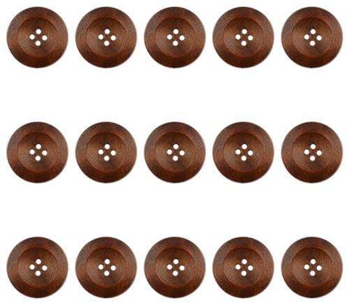 Lot de 15 Boutons en Bois à Quatre Yeux Avec Bords Ronds - Pour Cardigan, Tricot, Couture, Crochet (25 mm)