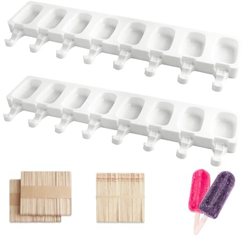 2 Stück Eis Silikonform, 8 Hohlräume Eisformen mit 150 Holz Stiele Wiederverwendbare Cakesicles Silikon Eisform Eiscreme DIY für Desserts Eislutscher Popsicle Maker Schokolade Treats