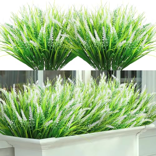 UXORSN 8 Bündel Künstliche Pflanzen Lavendel Outdoor Kunstblumen wie Echt Wetterfeste UV Beständig Büsche Gefälschte Blumen Künstliche Balkonpflanzen Deko für Tisch Fenster Garten Dekoration (weiß)