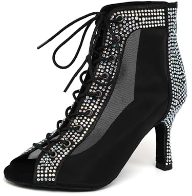 SWDZM Bottines de Danse Femme Strass Peep Toe Lacets Talons Hauts Latin Salsa Show Party Dance Boots,Noir,Talon-8.5CM,EU 38.5