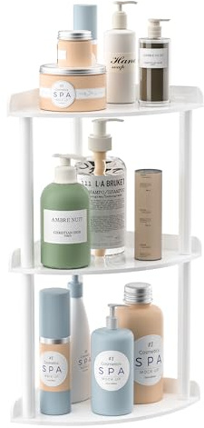 Sezanrpt Organizador de esquina de 3 niveles para encimera, acrílico blanco, estantería de esquina para almacenamiento de cosméticos