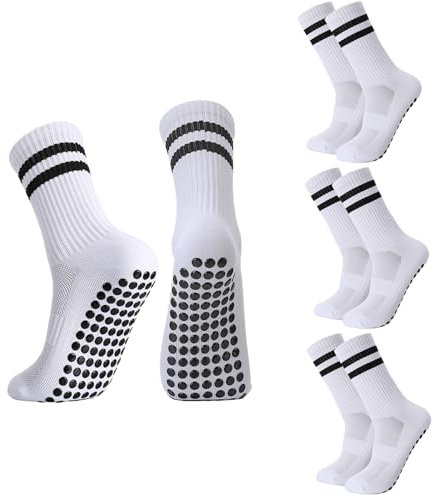 Utensilsto 4 Paare Fußballsocken 39-43 Sportsocken Anti Rutsch Fußball Socken Weiß Rutschfeste Socken Grip Socken für Herren Damen Fussball Basketball Laufen