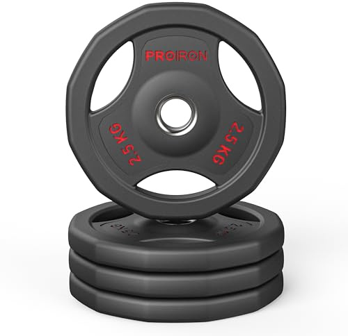 PROIRON Hantelscheiben 30mm, Gewichtsscheiben 1,25kg, 2,5kg, 5kg, 10kg, Hantelscheiben Gusseisen, Gummiert Praktische Griffe und Stahlkern-2.5kg