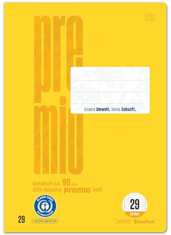 Staufen premio Cuaderno - 5 cuadernos, 16 hojas cada uno, DIN A4, regla tamaño 29 (5 x 9 mm rugosa con RL), papel reciclado 90 g/m | Lineado 29, 100% papel reciclado, certificado con el Ángel Azul, esquinas redondeadas, papel de 90 g/m²