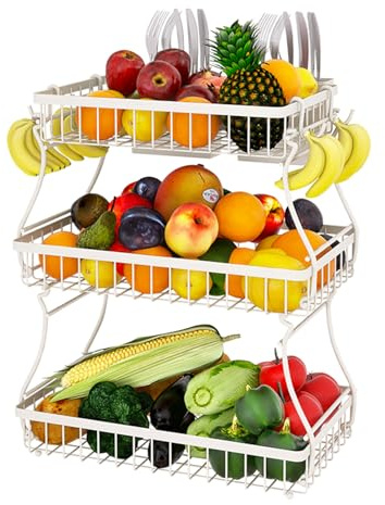 Braozaiw Vassoio per frutta a 2 strati, adatto per piano di lavoro della cucina, scaffale per frutta e verdura con portaposate e gancio per bicchieri, Cesto di frutta rimovibile (bianco +3 livelli)