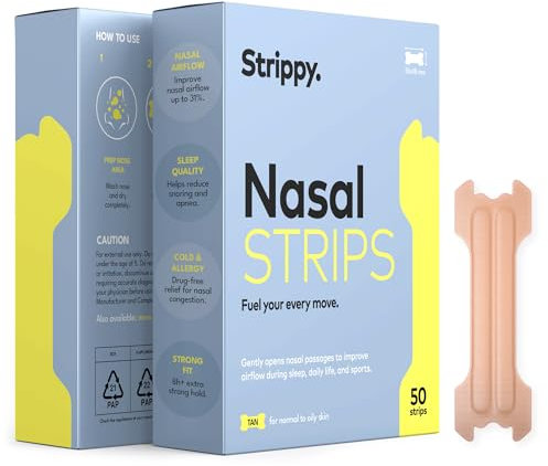 Strippy. Nasal Strips - 50 Cerotti Nasali Respira Bene - Cerotti Nasali Sport Tenuta Extra Forte - Sollievo da Naso Chiuso e Russamento (TAN - Color Pelle)