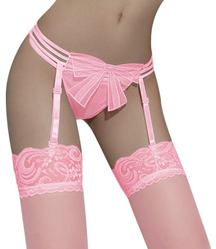 Satohom Women’s Sexy Mesh Lace Suspender Belt High Waisted Bow Garter Belts with 4 Adjustable Straps Clips One Size Stretchy Garters Thong Lingerie Set with Stockings Black White Red Pink