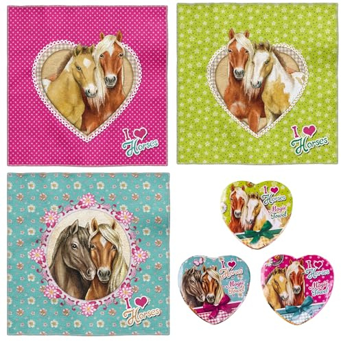 damaloo Set di 3 asciugamani magici per bambini con cavalli – panno magico con motivo cavalli – Magic Towel per bambini – Set di asciugamani magici per ragazze – Set di asciugamani magici per lavare