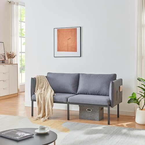 [en.casa] 2-sits soffa rum bekväm tygsoffa med armstöd och förvaringsväskor mörkgrå 158 x 79 x 63 cm