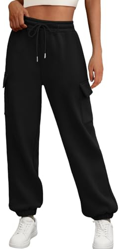 JFAN Pantalones de chándal para Mujer Invierno Pantalón Deportiva con Forro Polar Termico Pantalón Jogger con Bolsillos y Cordón Negro S
