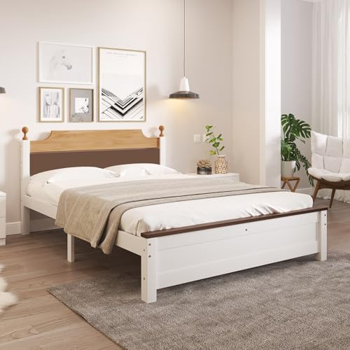 OKMYHOME Lit en Bois Massif 140x200 cm - Design Moderne Lit Double avec sommier - Pin - Blanc - sans Matelas