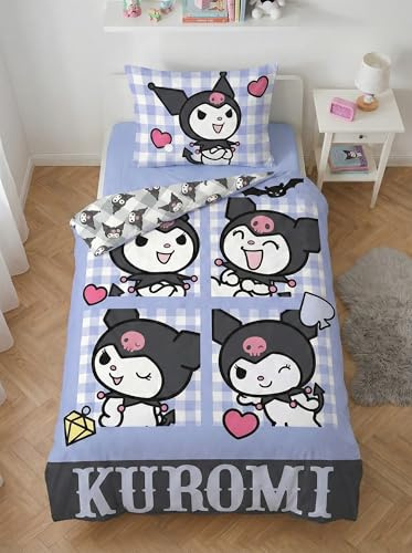 Kuromi Funda Nórdica Cama 90 140x200 + Funda Almohada 70x90 Gingham Azul | Ropa de cama reversible | Microfibra ultra suave secado rápido Oeko-Tex | Corazones cuadros vichy | Sanrio | Cumpleaños