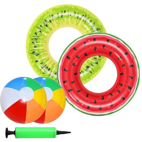 Pool Ring, Inflatable Pool Toys, 5 Pcs Swimming Pool Inflatables with 2 Rings, 2 Balloons, and 1 Air Pump, Paddling Pool Toys for Boys and Girls, Ideal or Swimming Pool Party Decorations