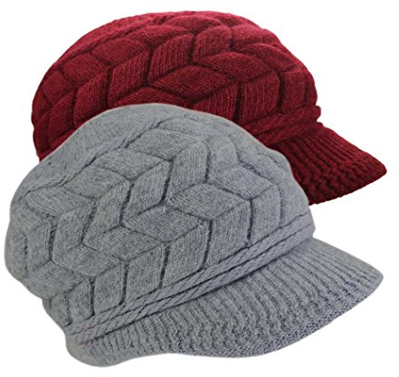 Gorro de Invierno para Mujer con ala, Gorro de Punto de Lana con Forro Polar cálido y Visera para Clima frío S-Y-H4, Z - 2 Paquetes - Rojo Oscuro Gris, M