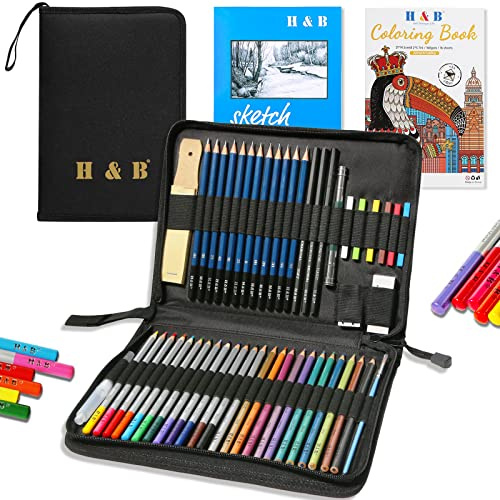 H & B 51 Piece Professional Coloured Pencil Set - Artist Drawing Kit with Sketch Pad, Metallic & Graphite Pencils for Adults - Deluxe Art Supplies for Sketching, Shading and Blending