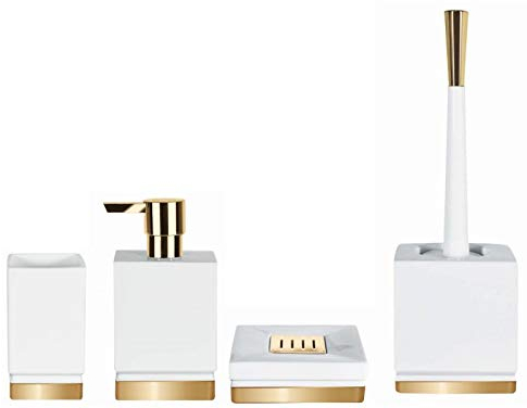 Spirella Set de 4 accessoires de salle de bain en porcelaine Roma, distributeur de savon, brosse WC, porte-savon, boîte de rangement et gobelet à brosse à dents Blanc/doré