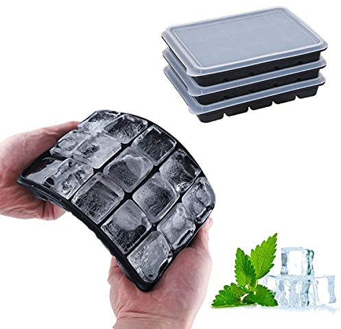 LessMo 3 Pack Eiswürfelform, Silikon-Eiswürfelformen mit Tropffreiem Deckel, 45 Würfel, Einfaches Lösen, Wiederverwendbar, Flexibel, für Gekühlte Getränke, Babynahrung, Whisky, Schwarz