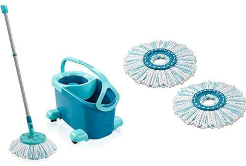Leifheit Set de fregona Rotatoria Clean Twist Disc Mop Ergo Mobile 2.0 con Ruedas, fregona giratoria & Clean Twist Disc - Cabezal de Recambio para mopa, Turquesa, 44.5 x 35 x 27 cm