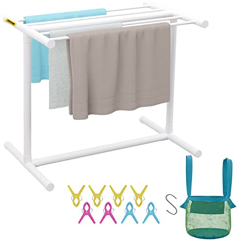 VEVOR Porte-Serviettes de Piscine, 5 Barres, Blanc, Organisateur de Rangement Autoportant en Forme de T, Support en PVC au Bord de la Piscine, avec Pinces, Sac en Filet et Crochet, pour Plage