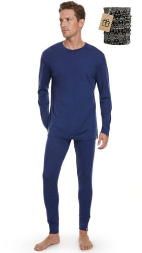MERINNOVATION Set di pigiama da uomo in lana merino, 100% lana merino, set termico per dormire PJS Lite, peso medio, parte superiore e inferiore, Blu Indaco 250, X-Large