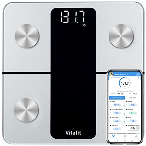 Vitafit Körperfettwaage Personenwaage mit APP, Körperanalysewaage mit Bluetooth, Waage Personen mit körperfett und muskelmasse, BMI, Protein, BMR, Silber