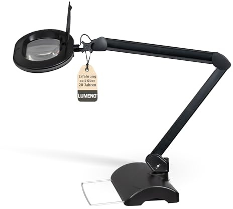 Lumeno 8613SW Lupenleuchte Arbeitsplatzlampe mit großer ovalen Linse 110x150 mm, 60 LEDs in 2 Stufen dimmbar, perfekt als Lesehilfe, für die Kosmetik, zum Löten, 3 Dioptrien schwarz mit Tischstativ