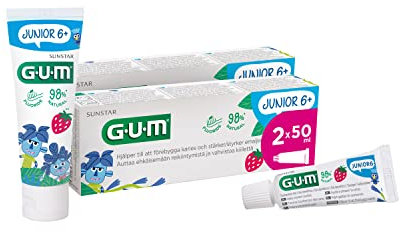 GUM JUNIOR Toothpaste | specially designed for new permanent teeth | children aged 6+ | strawberry flavour | 50ml | 2 x 50 (with 1 Bonus Sample)