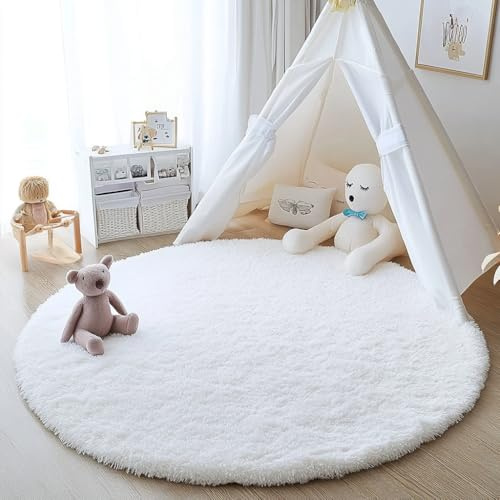 Tenekee runda mattor hög lugg rund matta vardagsrum lång lugg mattor för vardagsrum fluffig lurvig sovrum sängmatta utomhusmattor (vit, 80 cm)