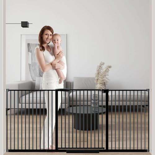 DEARBB Extra Wide Baby Gate Ultra Narrow Spacing 30.11-77.36 Pressure Mounted Double Lock Swing Auto Close Walk Through Metal Safety Pet Gate for Stairs and House Doorway Kitchen