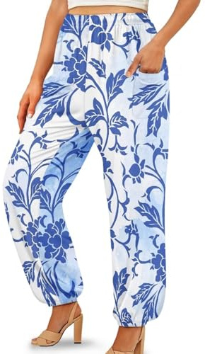 Suobstales Boho Flower Print Womens Casual Stretch Tai Chi Pant Elastic Kung fu Pants Harem Pants Pilates Dance Loungewear Jogger Palazzo Beach Pant Yoga Clothes, Size XL