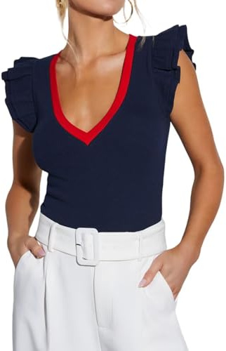 Womens Summer Ribbed Ruffle Short Sleeve Shirts Sexy Deep V Neck Slim Fit Tops Casual Knit Tee Blouses 2026 Navy Blue,M