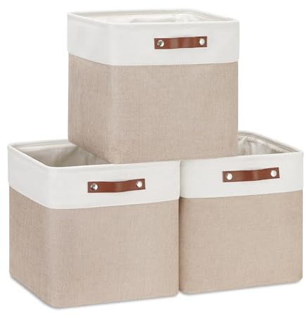 VIIHTYISA Scatola Portaoggetti in Tessuto, Set da 3 Cubi, 25x25x25cm, con Manico in Finta Pelle per Scaffali, Armadi, Cachi e Bianco