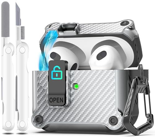R-fun - Funda para AirPods de 3.ª generación 2021, protección Total contra caídas, Tapa emergente automática para Apple Airpod 3 Gen con Kit de Limpieza y Llavero,Fibra de Carbono Plata