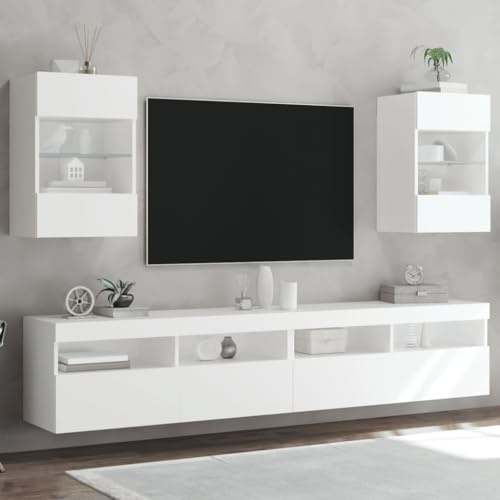 Homgoday Meubles TV Muraux avec Lumières LED 2 pièce Blanc 40x30x60,5 cm, Armoire de Télévision Suspendu avec Compartiment et Étagère, Mural Meuble TV Flottant pour Salon, Chambre