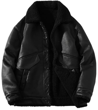 VaiKanhai läderjacka för män, vinter, varm, mocka, förtjockad läderjacka, teddy-jacka, herr, sportig utomhus, övergångsjacka, button down, bomberjacka, konstläder, vinterjacka, svart, 5XL