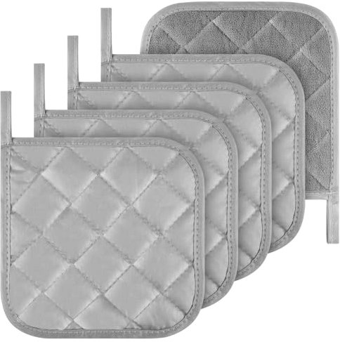 Dimeho 5er Set Topflappen mit Tasche Hitzebeständige Topflappen für Küche Graue Baumwoll-Topflappen Hitzebeständige Topflappen-Sets Küchenhelfer zum Kochen und Backen(Grau)
