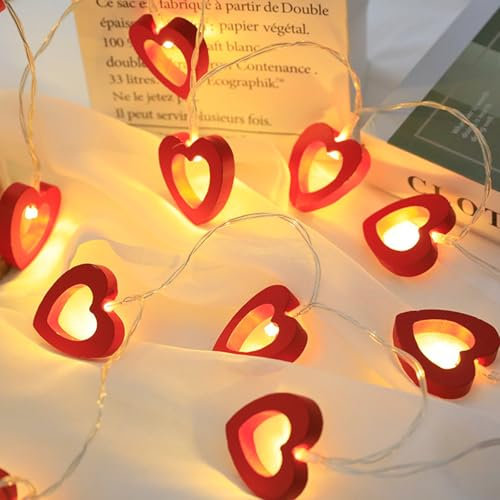 Satiskid Warm White Wooden Heart String Lights, 1.5m 10 LED Battery Powered Fairy Lights for Valentine's Day Wedding Mother's Day Anniversary Decor, Indoor Decorative String Lights (Red)