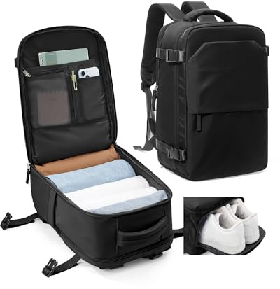 kibachev Leggera Zaino da Viaggio 40X20x25 Ryanair, Aereo Bagaglio a Mano con Portascarpe 40x30x20, Capiente Borsa Porta Pc Impermeabile Donna/Uomo, Zaino Business Multitasche (Nero)
