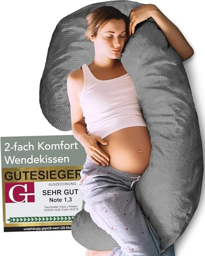 Traumreiter Seitenschläferkissen Visco J Form Wendekissen mit Memory Foam Stütze [orthopädisch] Schwangerschaftskissen zum Schlafen, Stillkissen XXL Kissen, Body Pillow. Komfortkissen mit Bezug Grau