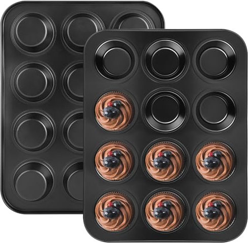 Teglia Muffin - Set da 2 Stampo Muffin da 24 cavità, rivestimento antiaderente, senza BPA, dimensioni standard 35 x 27 x 3 cm, perfetti per cupcake, brownie e uso quotidiano