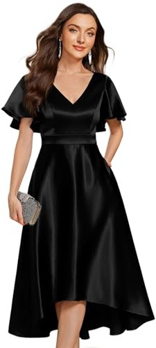 Ever-Pretty Robe Midi Mariage Invitée Satin Poche Col V High Low Noir 40