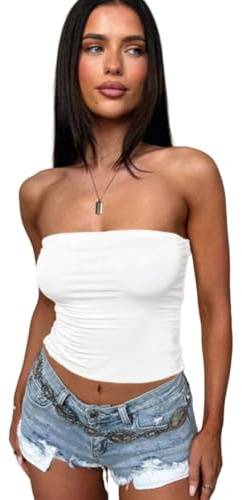 Sukiglam Bandeau Tube Top Femme Sexy Débardeur sans Bretelles Été Haut Court Dos Nu Basic Crop Tops sans Manches Élastique Slim Fit Y2K Top Casual Chemise Blouse Streetwear Couleur Unie