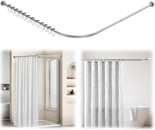 Asta per doccia a forma di L, asta per tenda doccia, asta angolare regolabile con 12 ganci, asta angolare per doccia estensibile in acciaio inox 304 (è richiesto il montaggio con foratura)