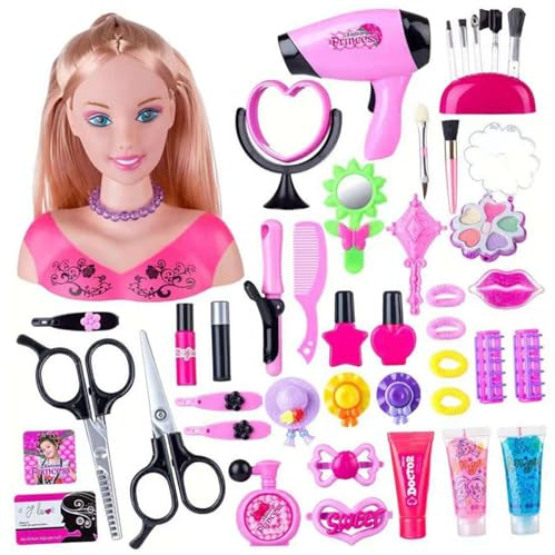 Pesoncarl 1 Ensemble de tête de poupée pour la Coiffure et Le Maquillage, tête poupée pour Filles, Accessoires Maquillage réalistes colorés pour Filles, Cadeaux d'anniversaire, Noël, Thanksgiving
