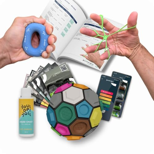 BOULDERBALL POWER Set de entrenamiento para fortalecer dedos mano y antebrazo. Incluye Boulderball anillo grip banda extensora y plan de entrenamiento. Para escaladores deportistas y uso diario
